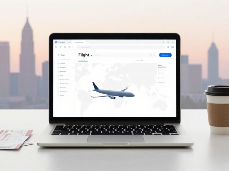 Laptop displaying flight information, coffee.