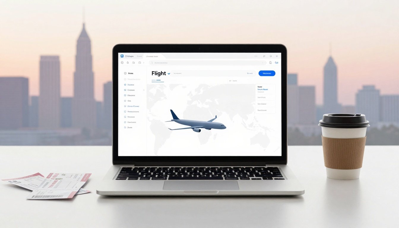 Laptop displaying flight information, coffee.