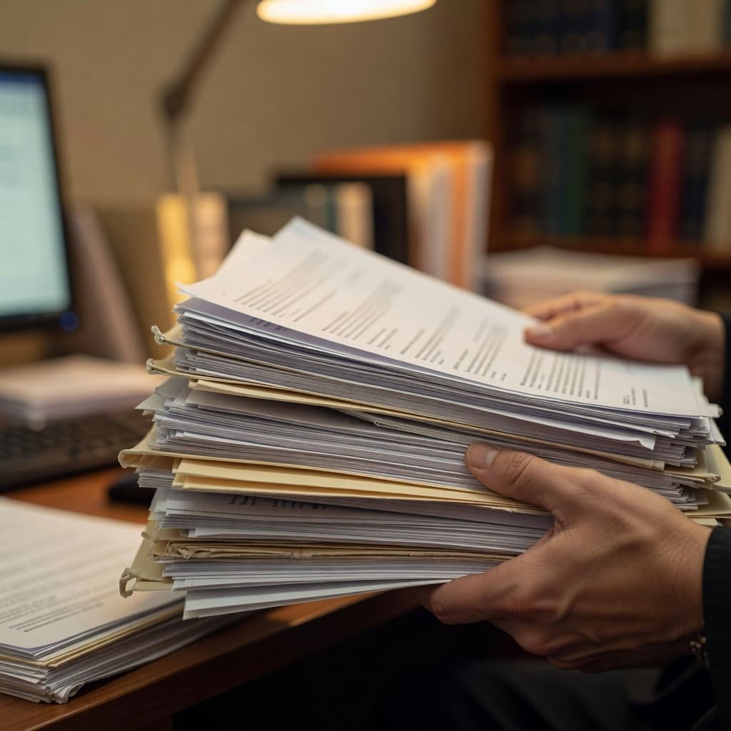 A pair of hands holds a thick stack of organized academic papers under warm, soft lighting. The focus remains sharp on the top page edges, while the office background remains blurred.