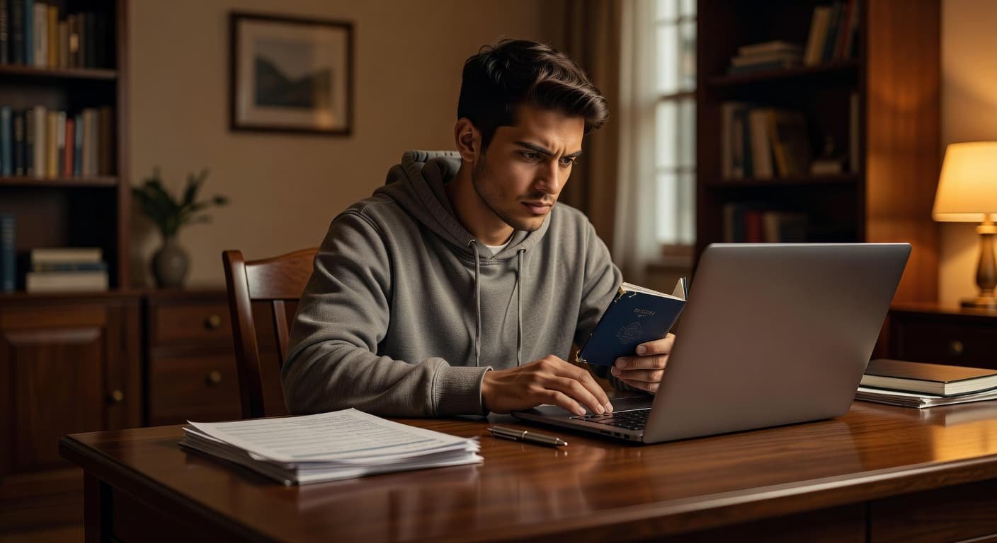 A focused student sits at a tidy desk with a laptop and passport spread out. The warm room lighting creates a studious, calm atmosphere as they organize important travel documents.