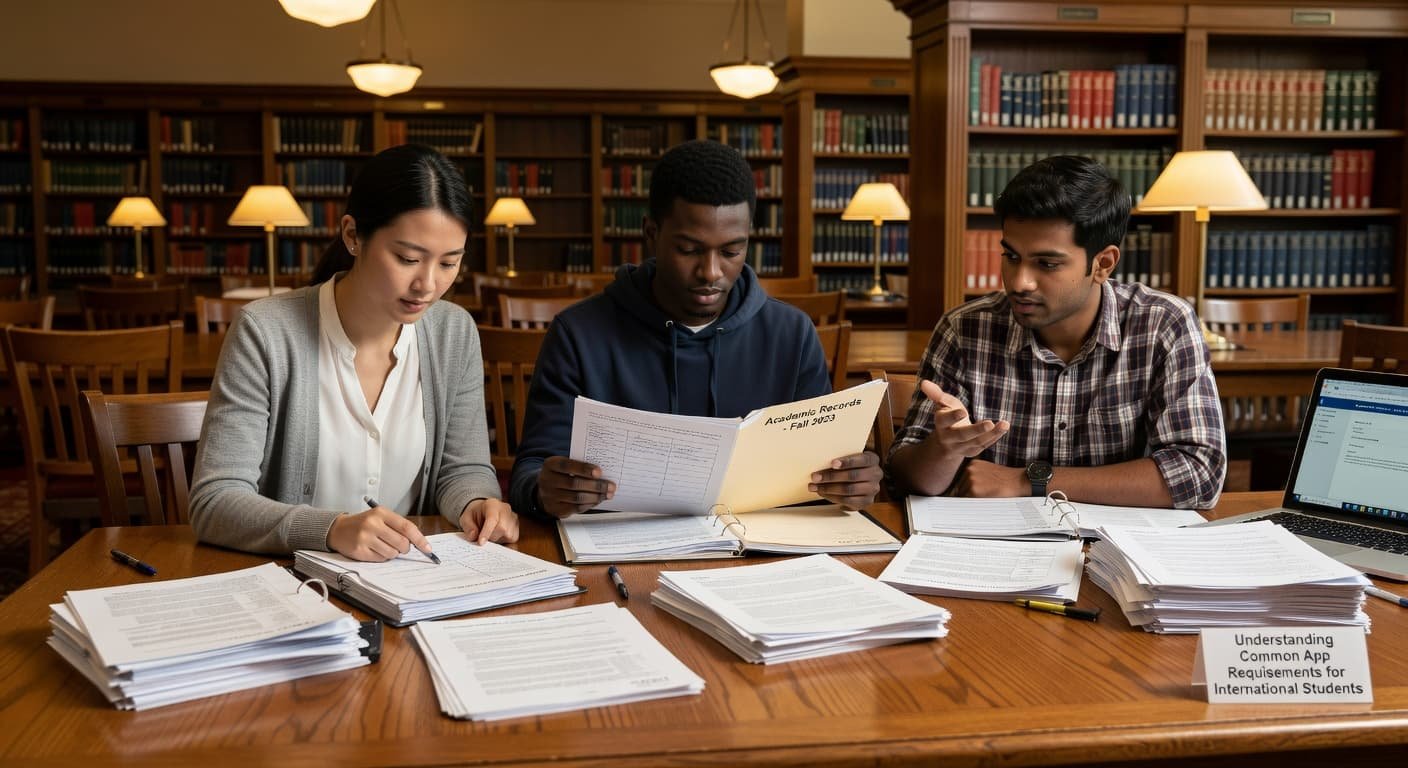 Three students sit at a wooden library table reviewing organized stacks of academic records and papers. Soft, warm ambient light illuminates their collaborative workspace with blurred bookshelves providing a quiet background.