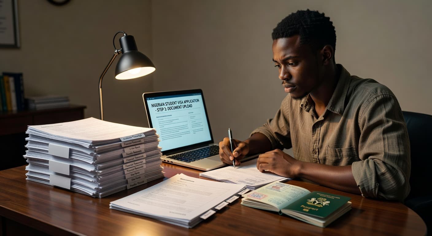 A focused young Nigerian student sits at a clean wooden desk with an open laptop, neatly stacked research papers, and a passport. Soft warm light illuminates the organized workspace and supplies.