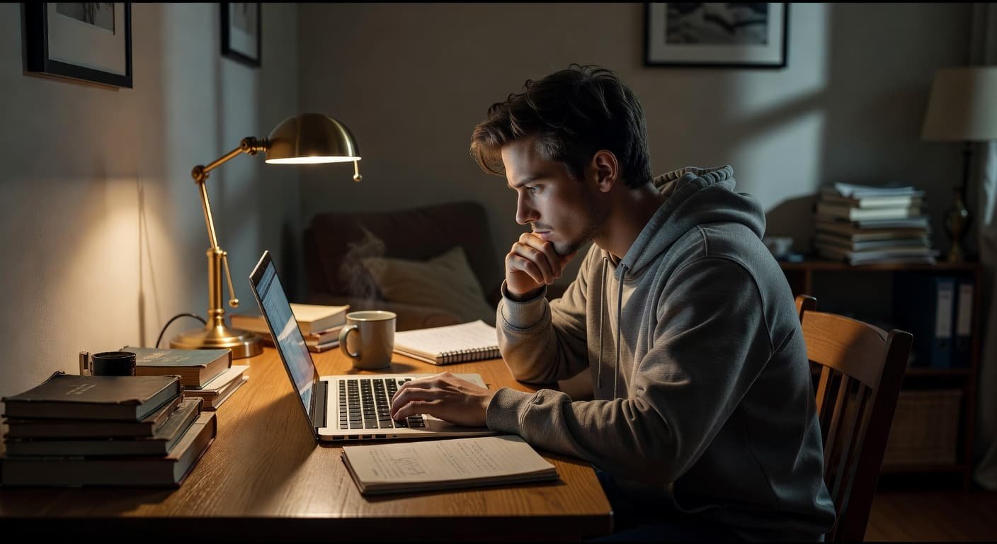 A focused student sits at a clean wooden desk illuminated by warm cinematic lighting while browsing university application portals on a modern laptop. The cozy room background remains soft and blurred.