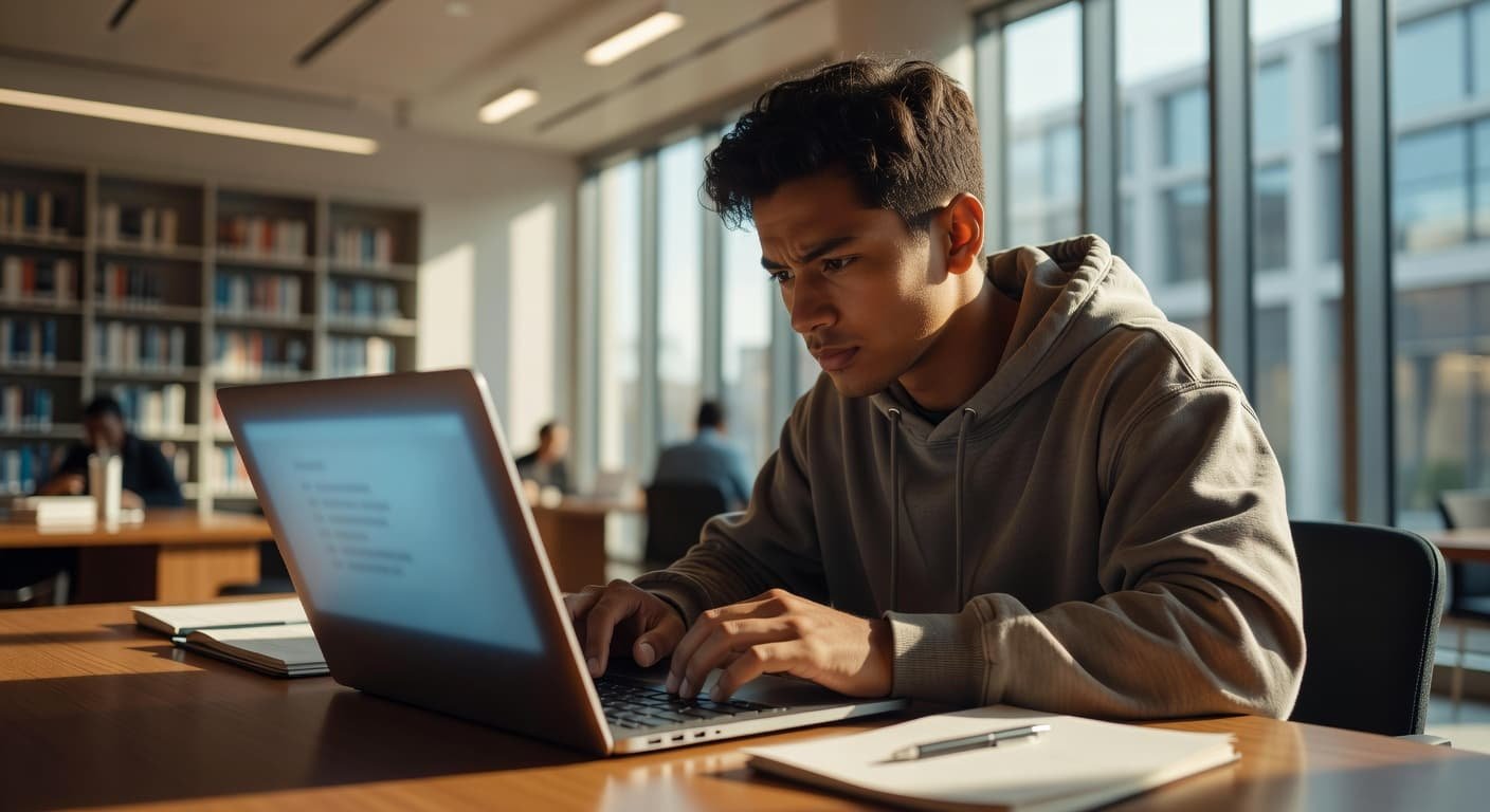 A focused student sits in a sunlit library, carefully observing a laptop screen to verify upcoming submission deadlines. Soft ambient light highlights the thoughtful expression and relaxed posture of the individual.