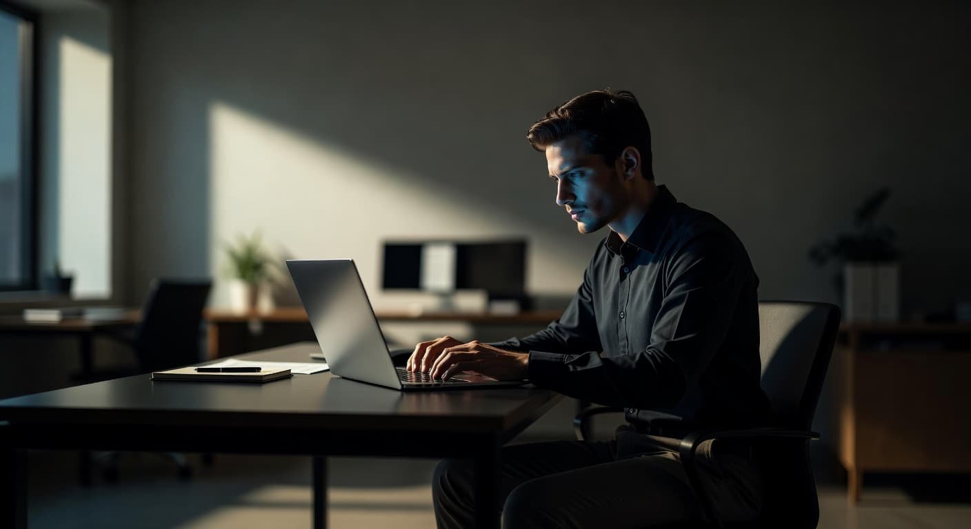 A focused student sits at a clean wooden desk, carefully reviewing university admission criteria on a bright laptop screen. The soft cinematic lighting emphasizes a studious atmosphere in the quiet office.