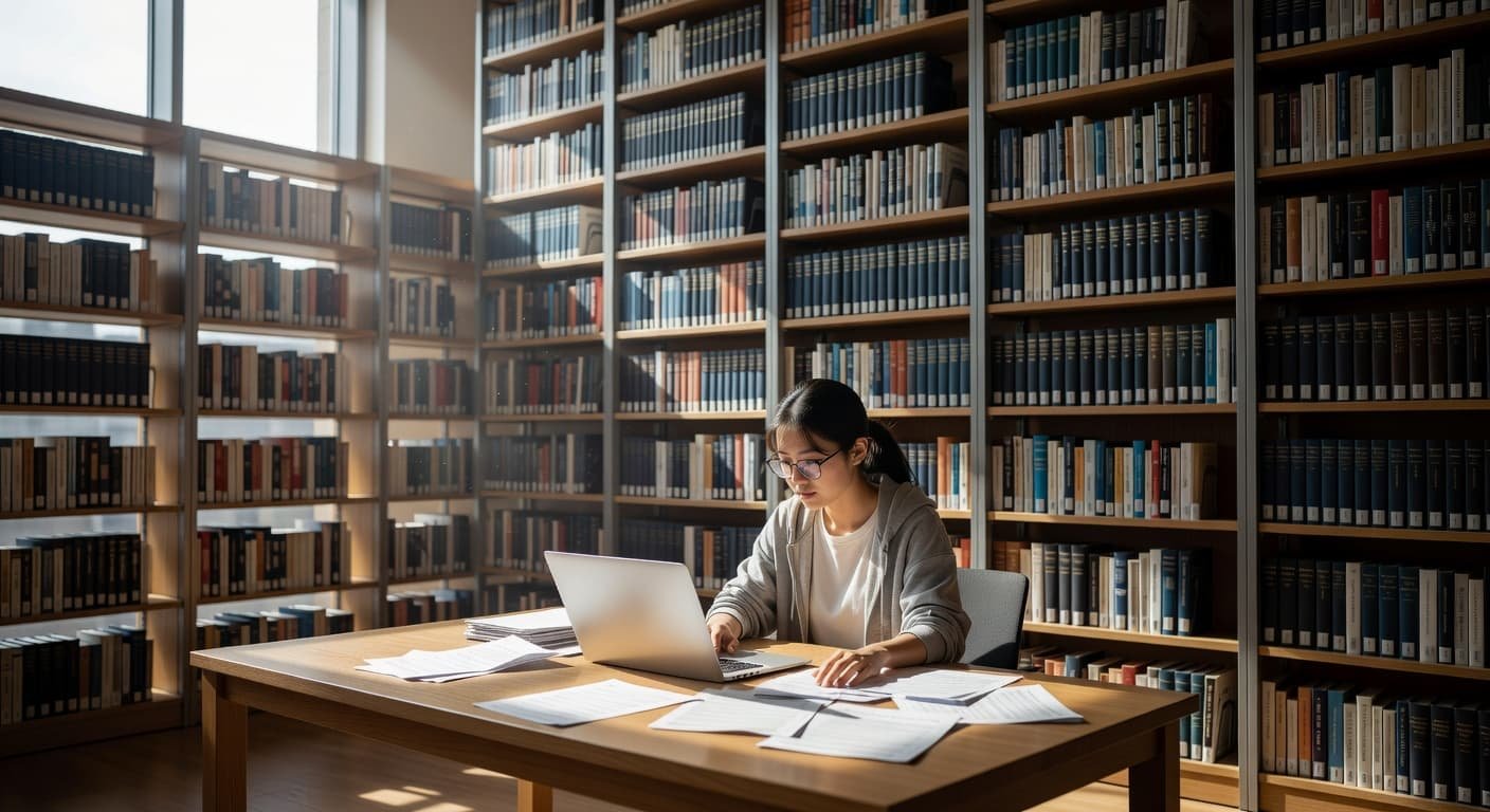 A focused student sits at a wooden table in a sunlit university library surrounded by towering bookshelves. Stacks of documents and an open laptop are spread across the workspace surface.