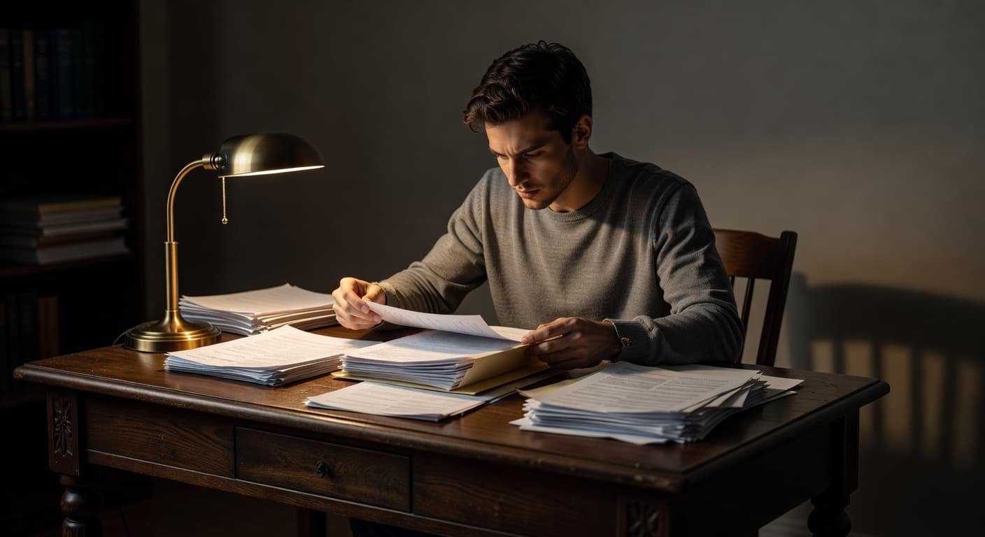 A focused student sits at a rustic wooden desk, carefully reviewing and sorting through a thick stack of organized documents within a folder. Low key lighting creates deep, soft shadows throughout.
