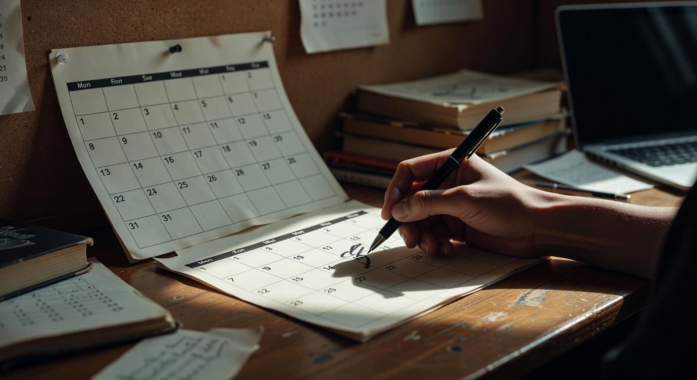 A close-up perspective captures a hand gripping a dark pen over a desk calendar. High-contrast cinematic lighting highlights the page texture while the person prepares to circle an important date.