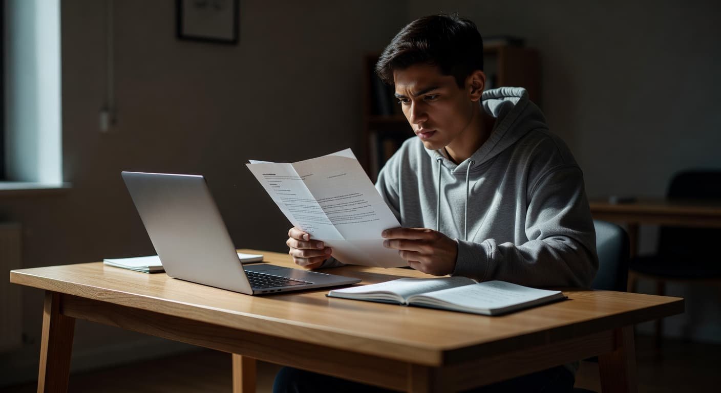 A focused student sits at a tidy wooden desk, holding a blank document while glancing at an open laptop and paper planner. Sharp sunlight streams from the side, illuminating the scene.